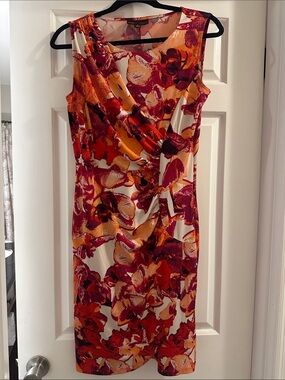 Dana Buchman Sleeveless Floral Wrap-Style Dress in Red & Orange size small